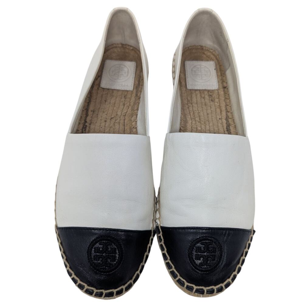 Tory Burch Colorblock Leather Espadrilles White Black Cap Toe Flats Size 10